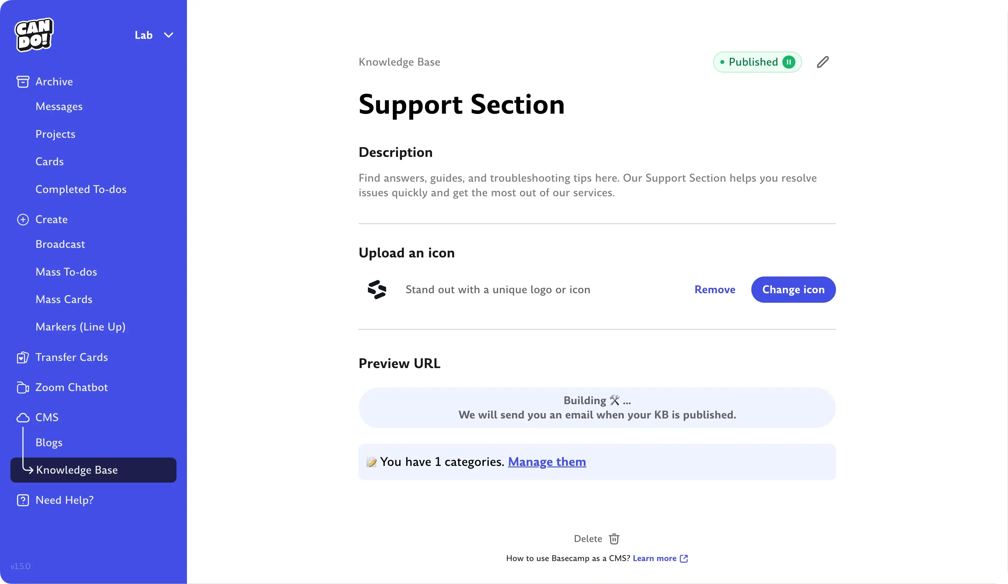 Can Do knowledge base interface for Basecamp